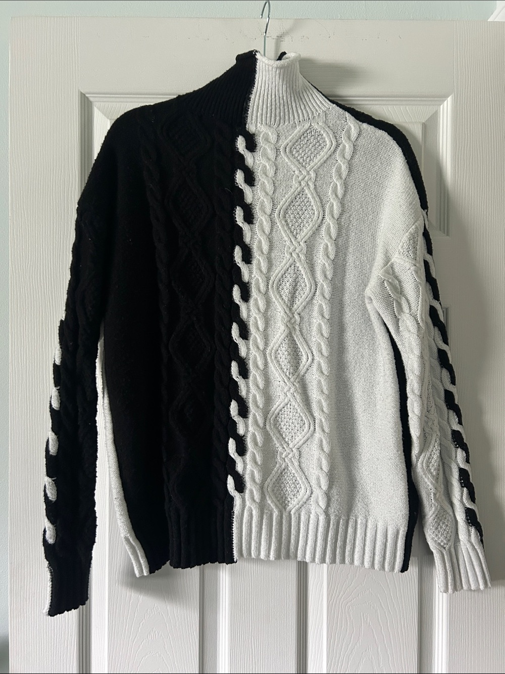 SHEIN Black & White Two-Tone Cable Turtleneck Sweater